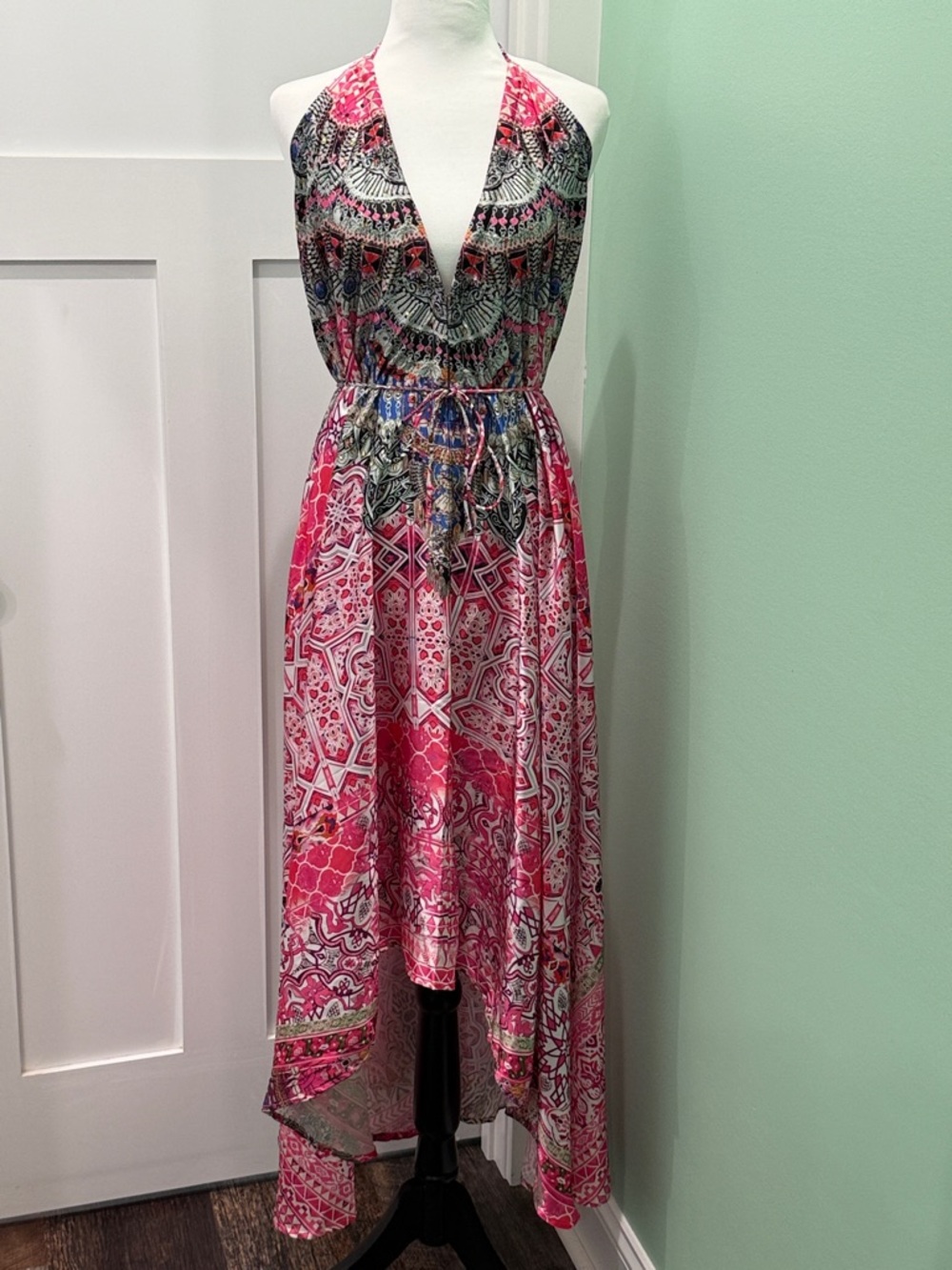 VENUS Pink and Black Halter Maxi Hi Low Coverup with Mixed Print. Size M